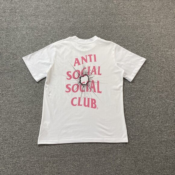 Anti Social Social Club White T Shirt With Ripped Holes And Pink Lettering